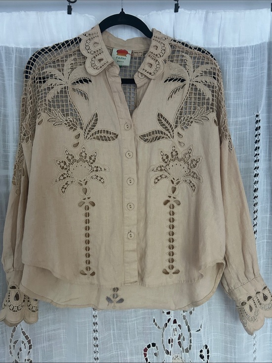 FARM Rio Tops - FARM Rio Palms Richelieu linen Cutwork Button-Front shirt in sand.